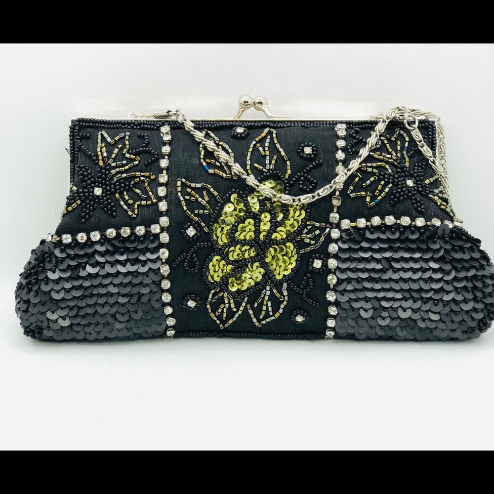 Clutch Purse black shimmer & green flower shimmer